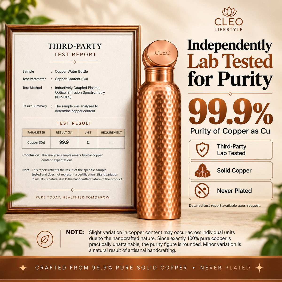 Handcrafted 99.9% Pure Copper Water Bottle