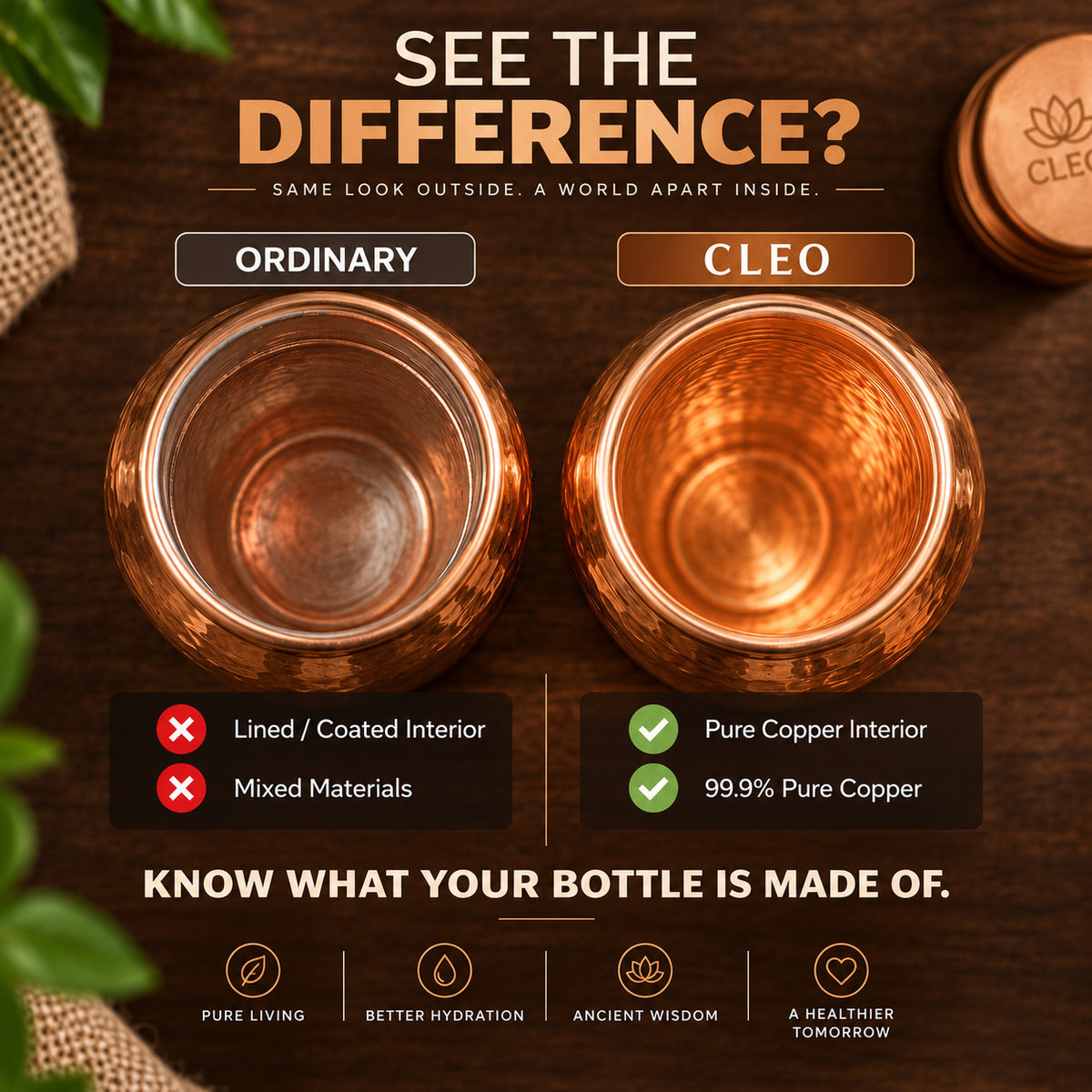 Handcrafted 99.9% Pure Copper Water Bottle