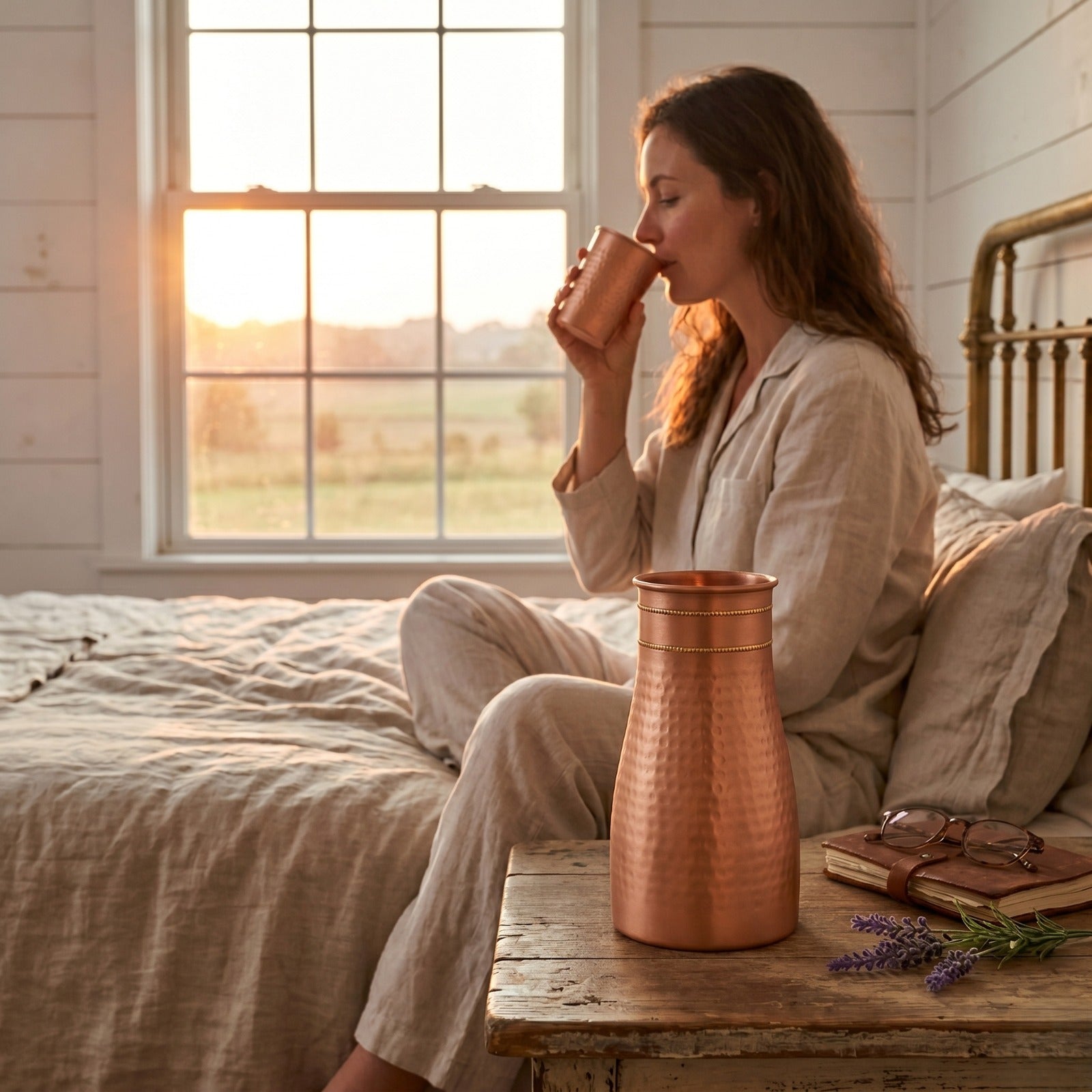 Copper Bedside Carafe Cup and Bottle