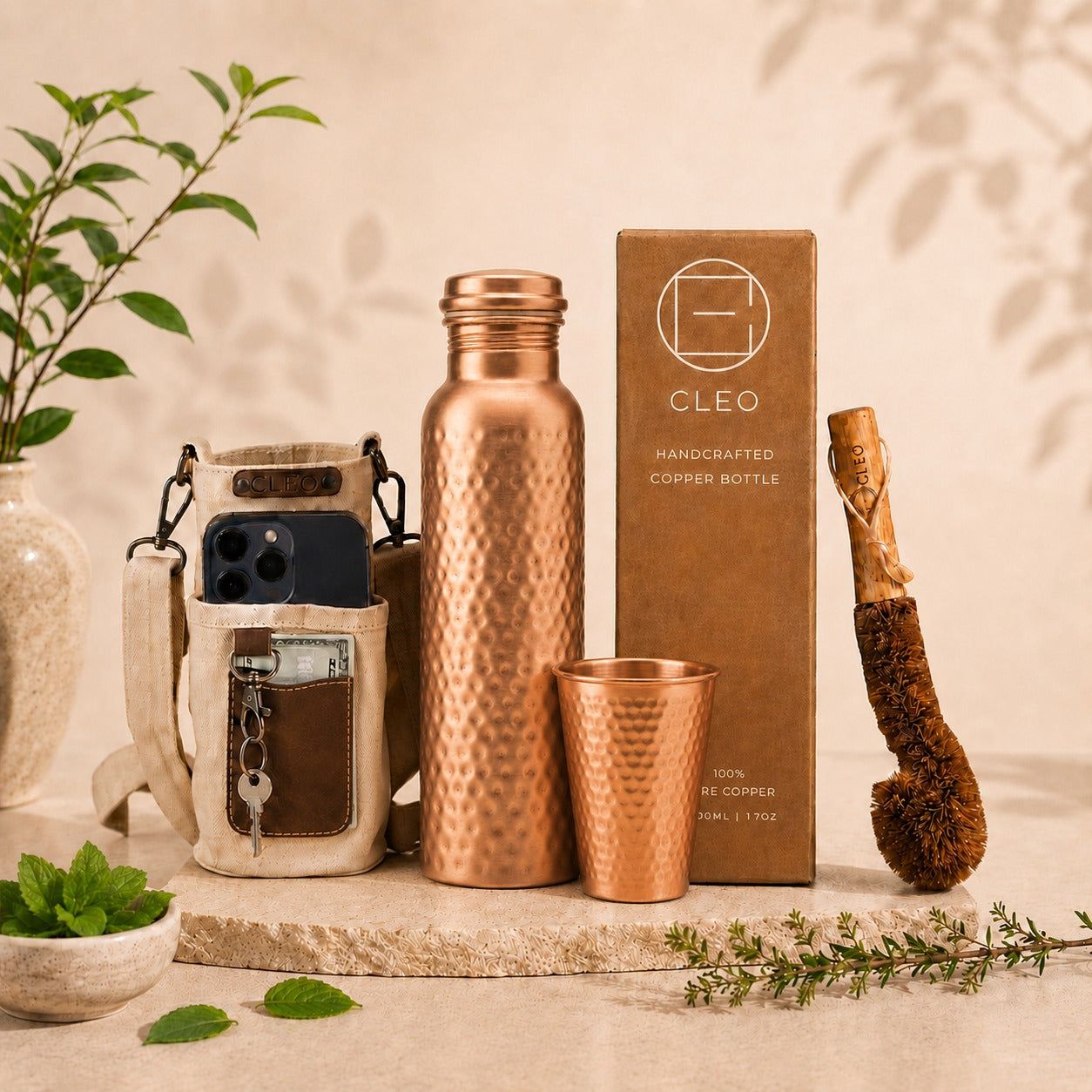 Handcrafted Copper Water Bottle and Tumbler Set | 34 Oz Ritual Kit