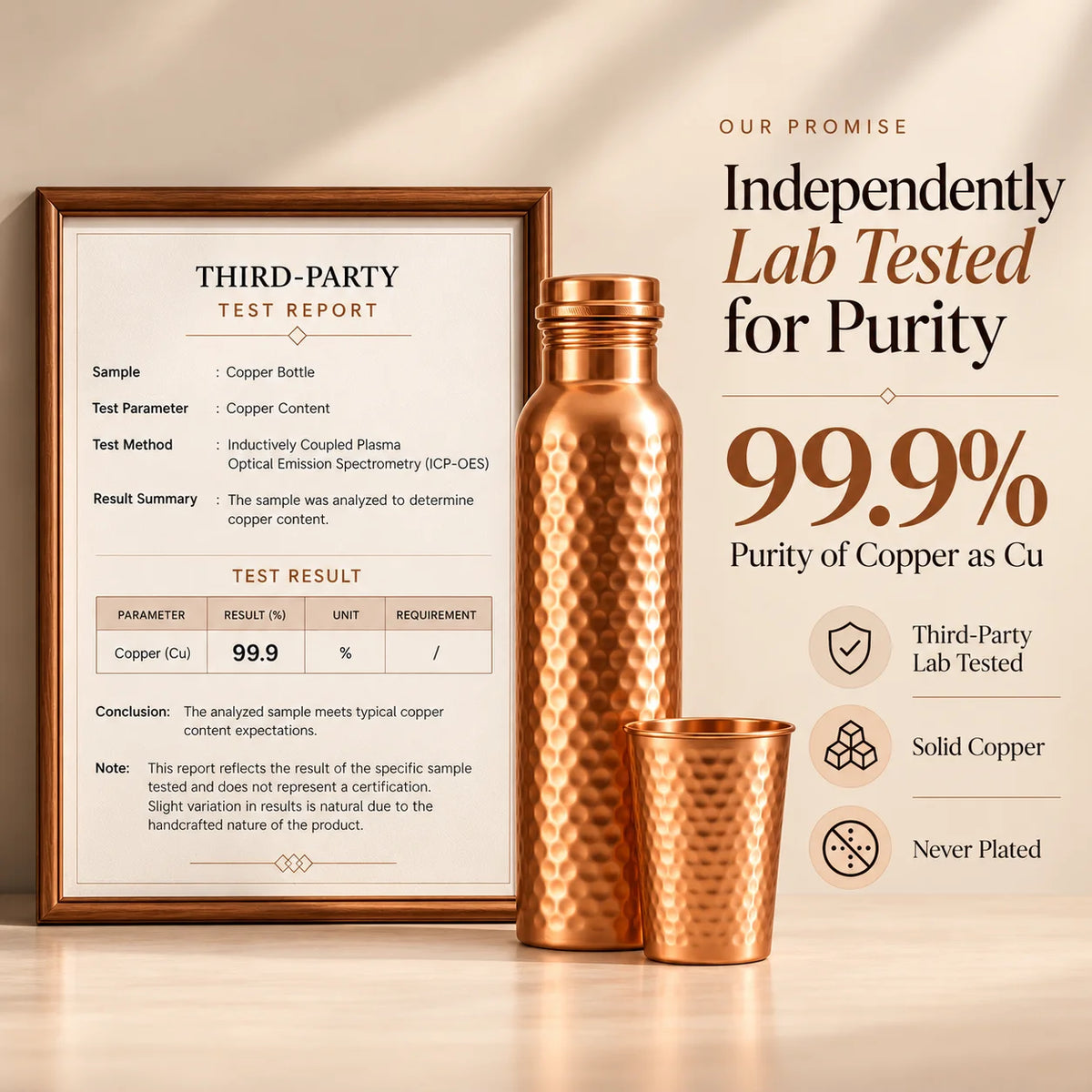 A copper water bottle and matching cup displayed beside a framed third-party test report on a warm beige surface. Text on the right reads 'Independently Lab Tested for Purity' with '99.