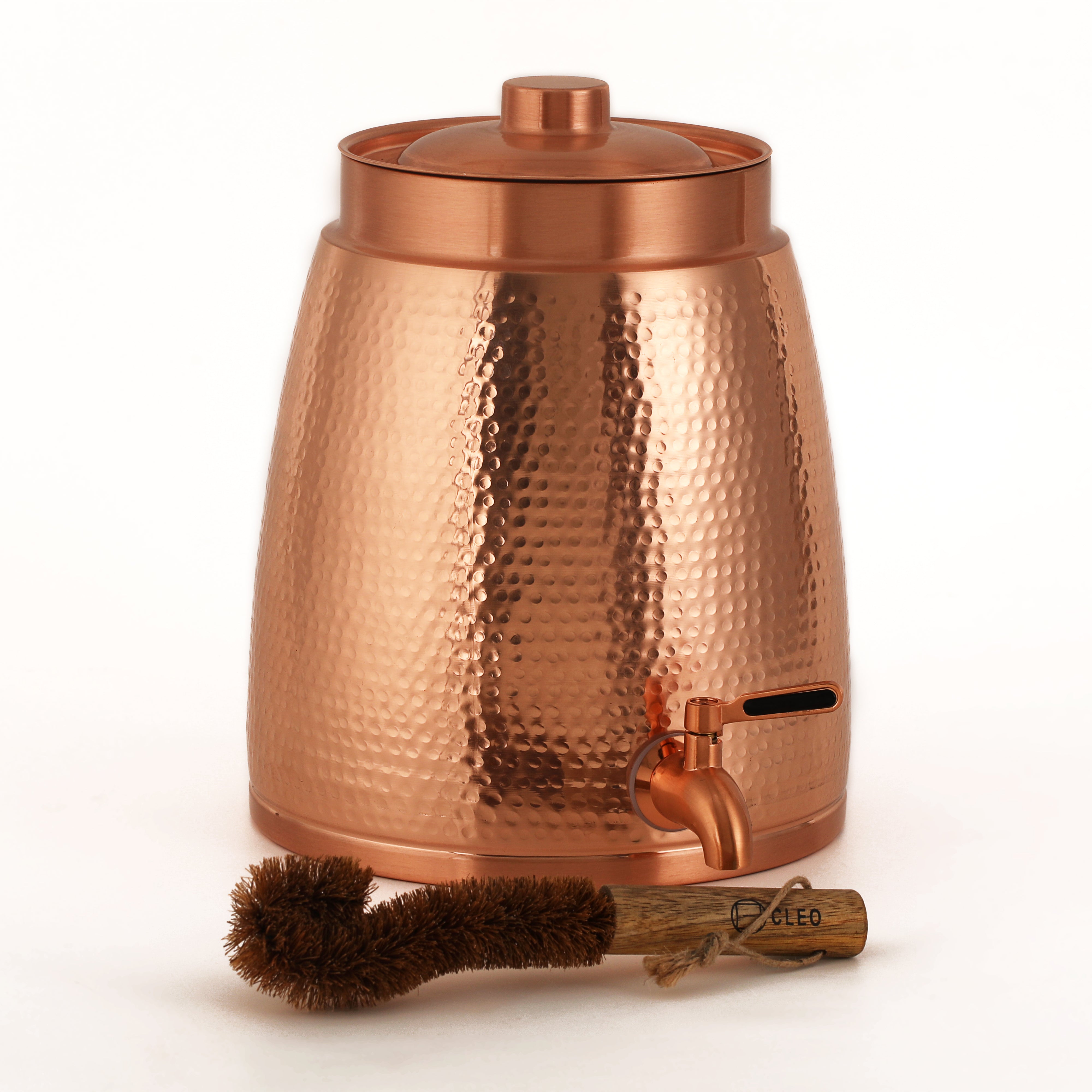 Cleo Copper Water Dispenser with 2 Glasses and 1 Wooden Stand | Handcrafted from Pure Copper | 271 Oz
