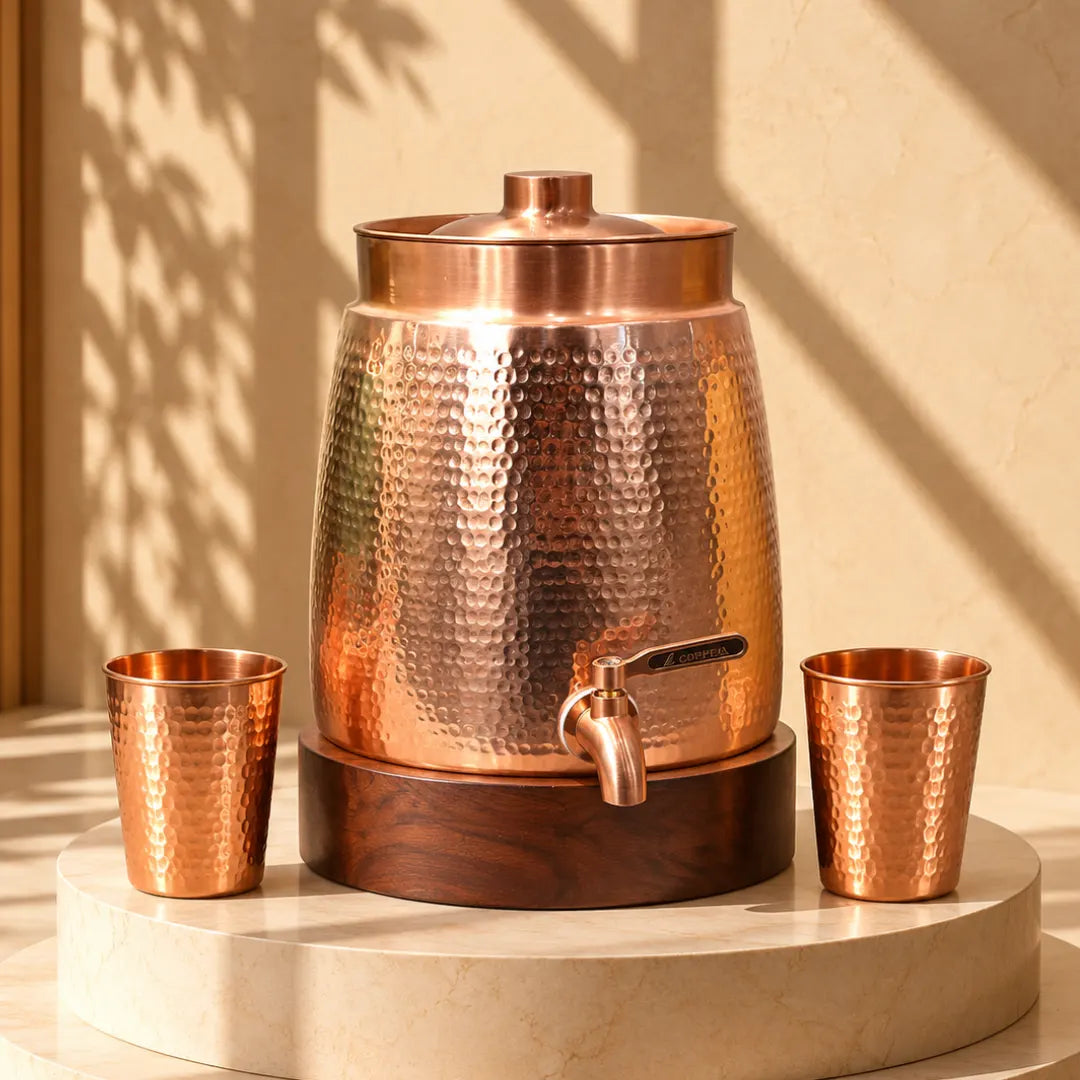 Cleo Copper Water Dispenser with 1 Wooden Stand + 2 Tumblers | Handcrafted from Pure Copper | 271 Oz