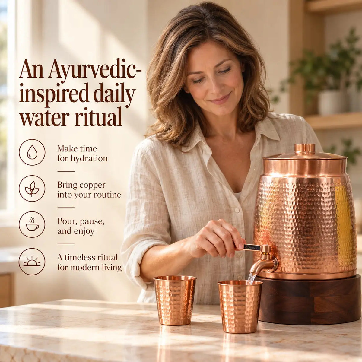 Cleo Copper Water Dispenser with 1 Wooden Stand + 2 Tumblers | Handcrafted from Pure Copper | 271 Oz