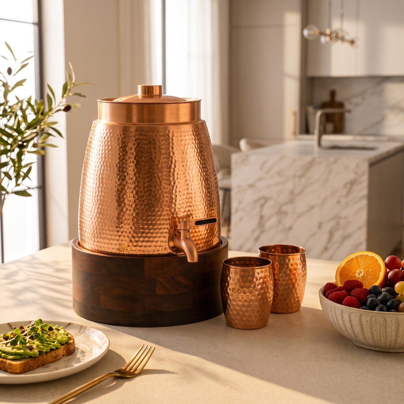 Cleo Copper Water Dispenser with 2 Glasses and 1 Wooden Stand | Handcrafted from Pure Copper | 271 Oz