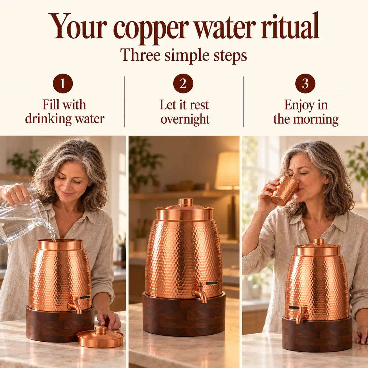 Cleo Copper Water Dispenser with 1 Wooden Stand + 2 Tumblers | Handcrafted from Pure Copper | 271 Oz