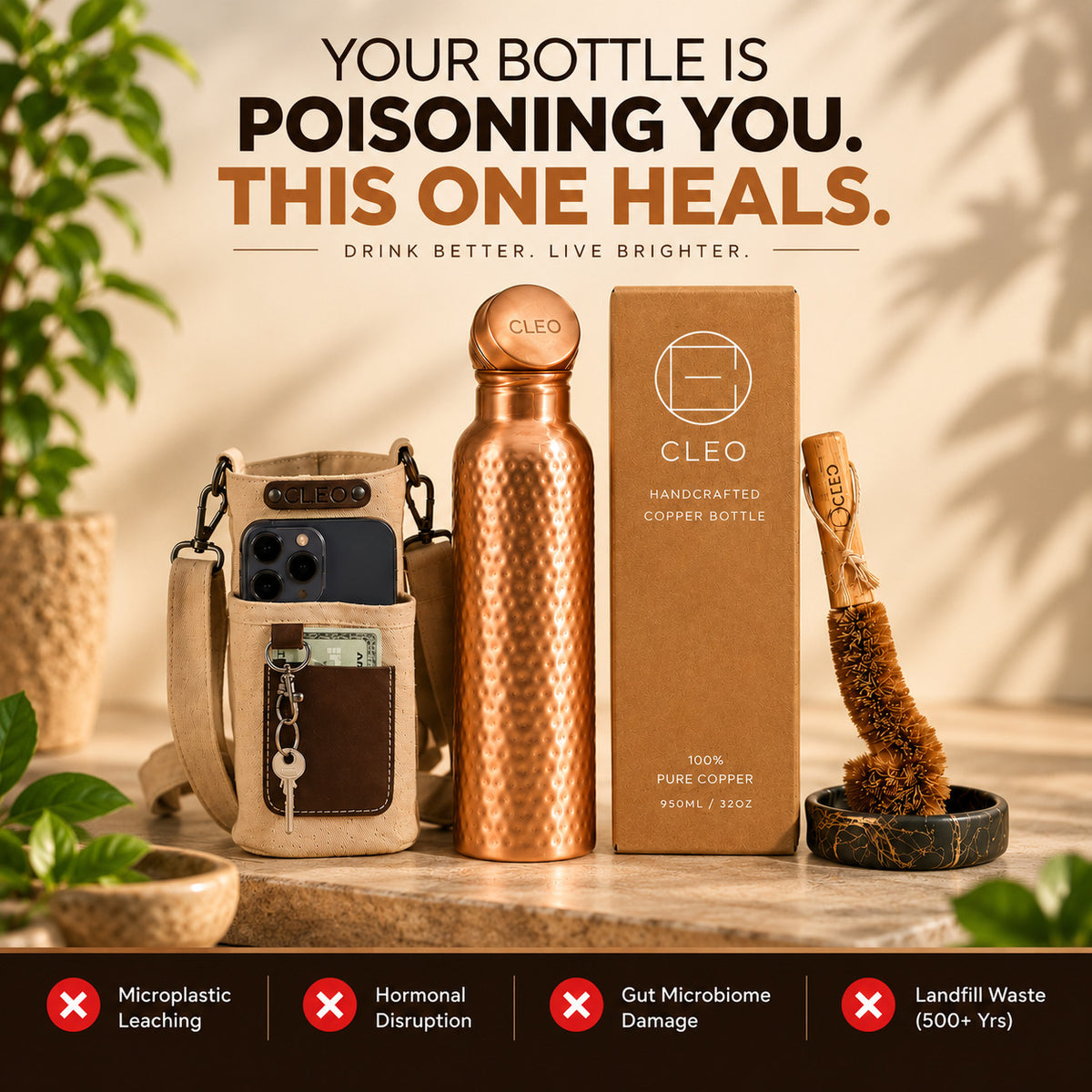 Handcrafted 99.9% Pure Copper Water Bottle