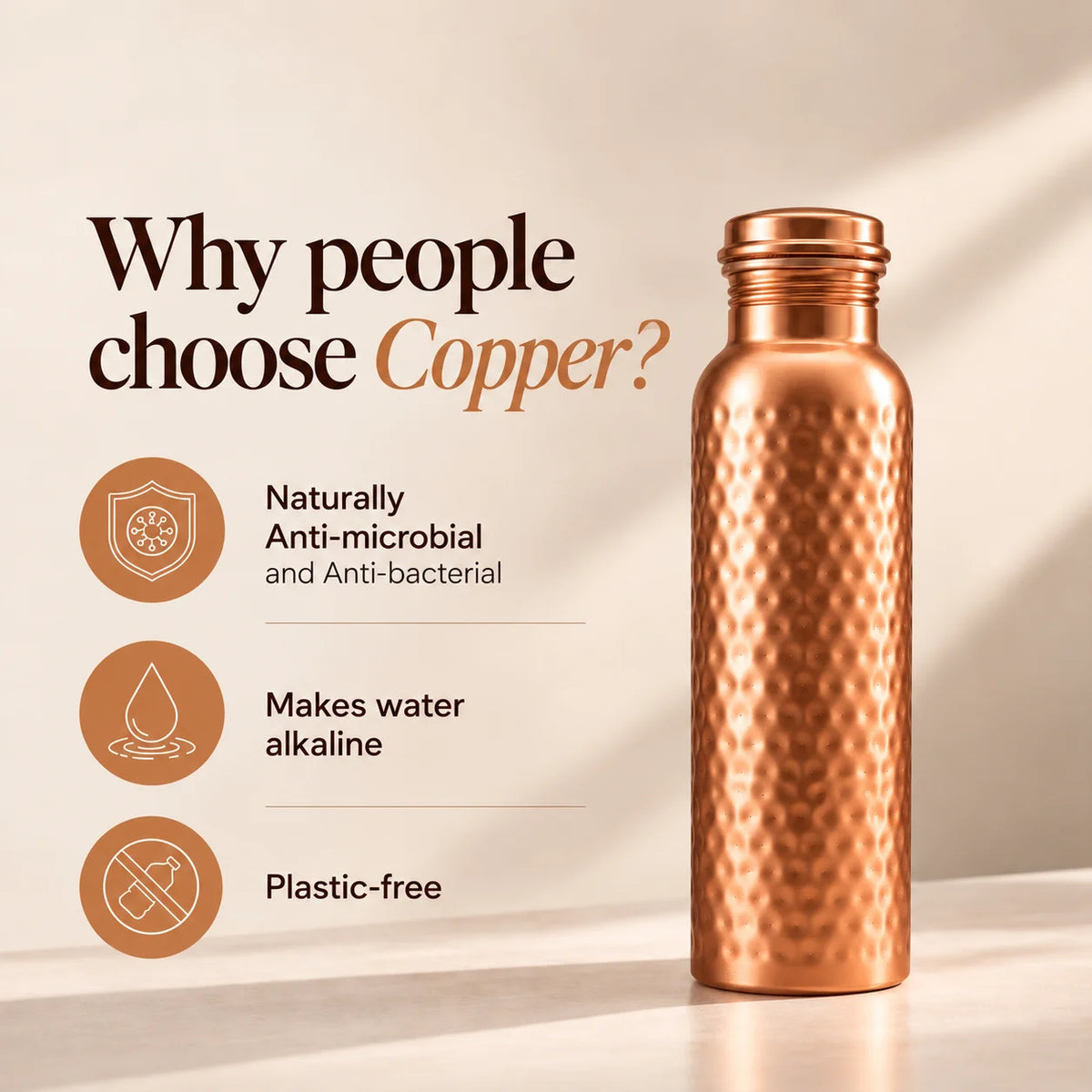 A hammered copper water bottle stands on a light surface against a warm beige background, next to marketing text that reads 'Why people choose Copper?' with three feature icons for naturally anti-microbial/anti-bacterial, water alkaline, and plastic-free.