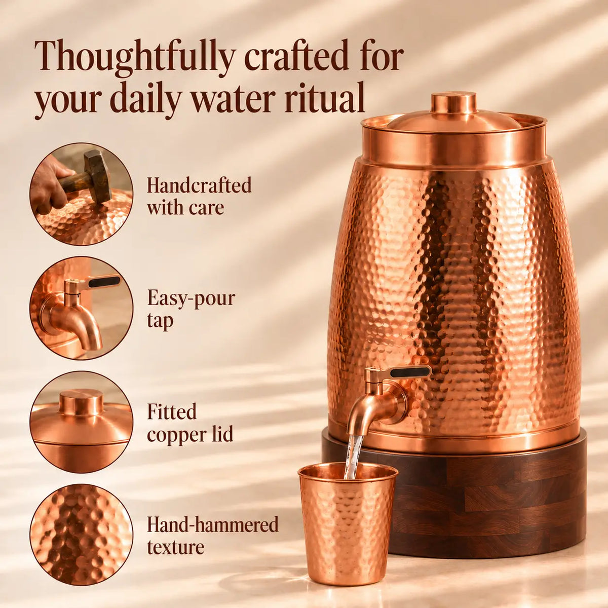 Cleo Copper Water Dispenser with 1 Wooden Stand + 2 Tumblers | Handcrafted from Pure Copper | 271 Oz