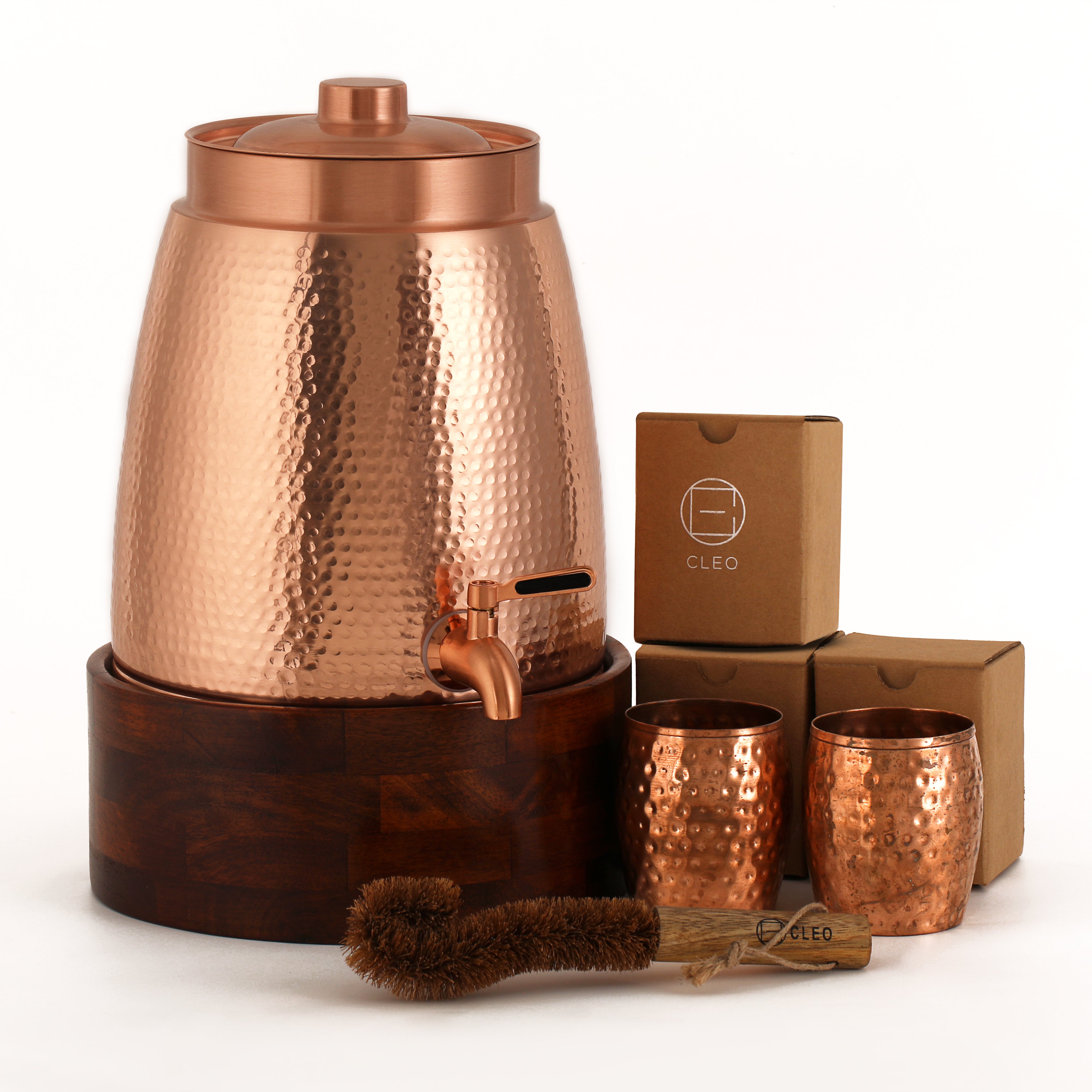Cleo Copper Water Dispenser with 2 Glasses and 1 Wooden Stand | Handcrafted from Pure Copper | 271 Oz