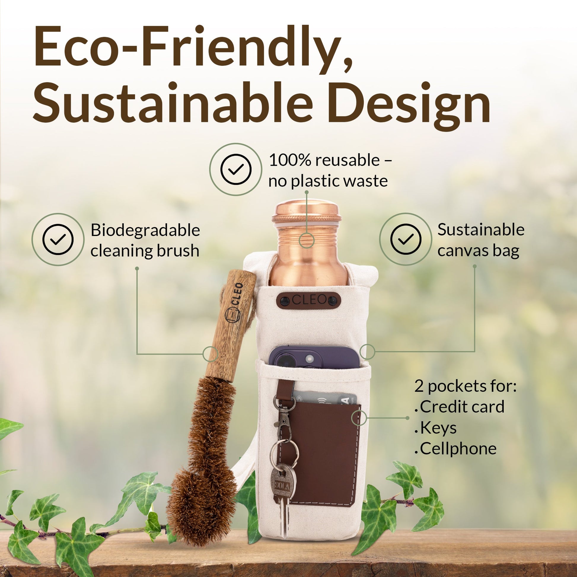 Copper Water Bottle, 950 ML (32.5 Oz) - Hand-crafted Hammered Copper Vessel With Canvas Bag+Sustainable Cleaning Brush - CLEO HOME