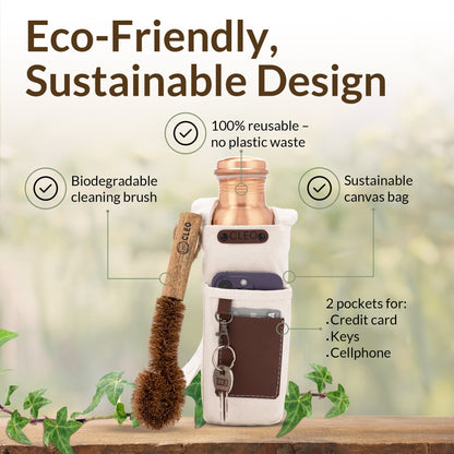 Copper Water Bottle, 950 ML (32.5 Oz) - Hand-crafted Hammered Copper Vessel With Canvas Bag+Sustainable Cleaning Brush - CLEO HOME