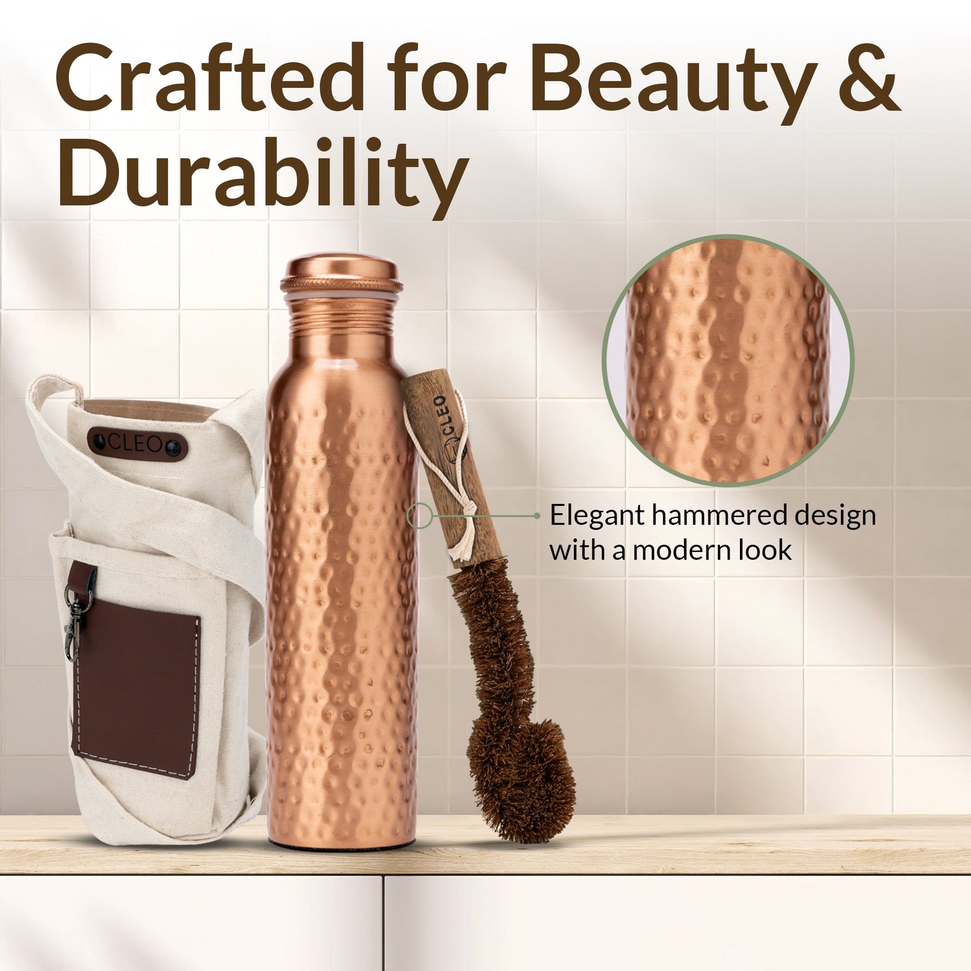 Copper Water Bottle, 950 ML (32.5 Oz) - Hand-crafted Hammered Copper Vessel With Canvas Bag+Sustainable Cleaning Brush - CLEO HOME