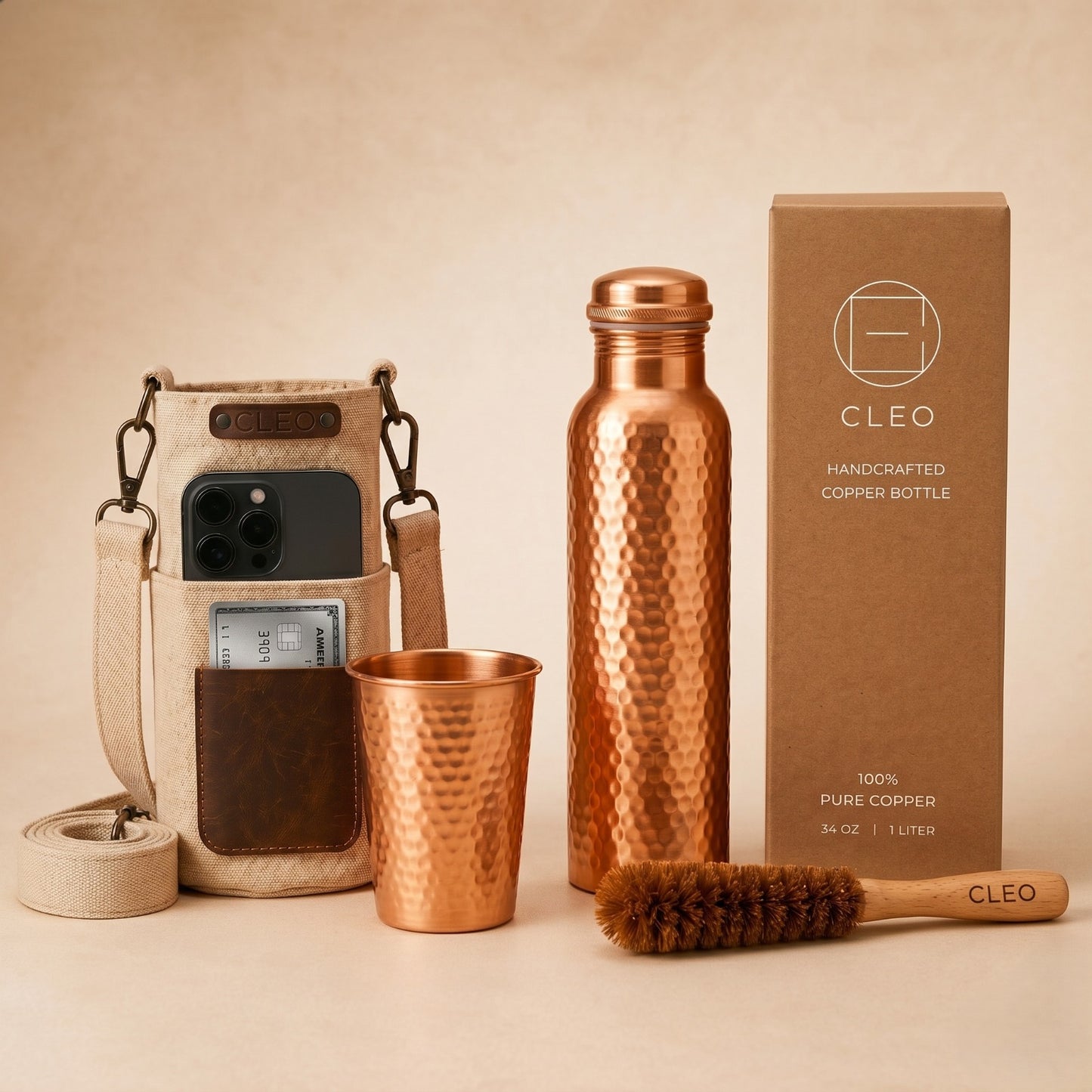 Cleo Pure Copper Ritual Set | Hand-Hammered 34oz Bottle & Tumbler with Free Canvas Bags & Brushes