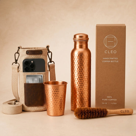 Cleo Pure Copper Ritual Set | Hand-Hammered 34oz Bottle & Tumbler with Free Canvas Bags & Brushes