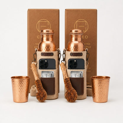 Cleo Pure Copper Ritual Set | Hand-Hammered 34oz Bottle & Tumbler with Free Canvas Bags & Brushes