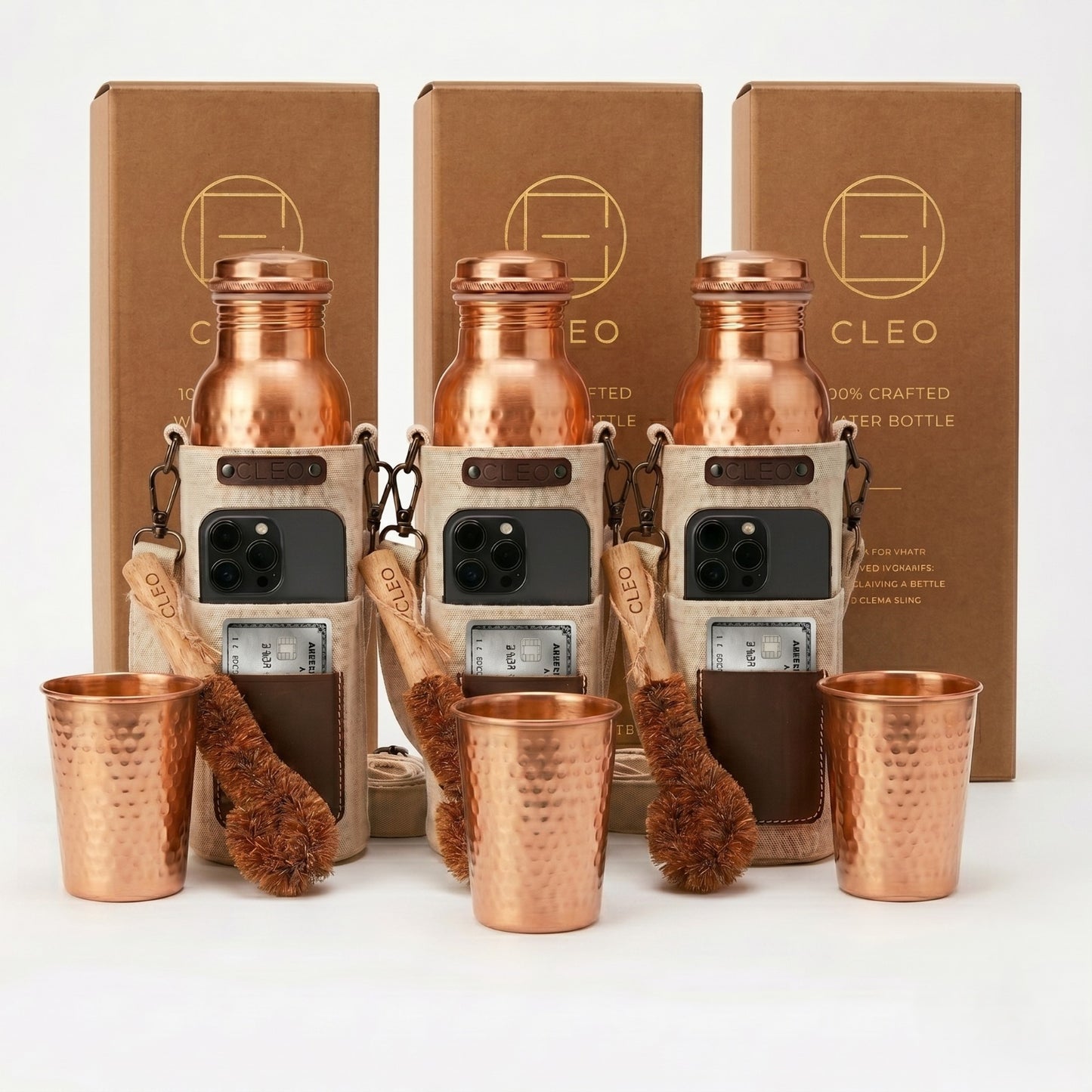 Cleo Pure Copper Ritual Set | Hand-Hammered 34oz Bottle & Tumbler with Free Canvas Bags & Brushes