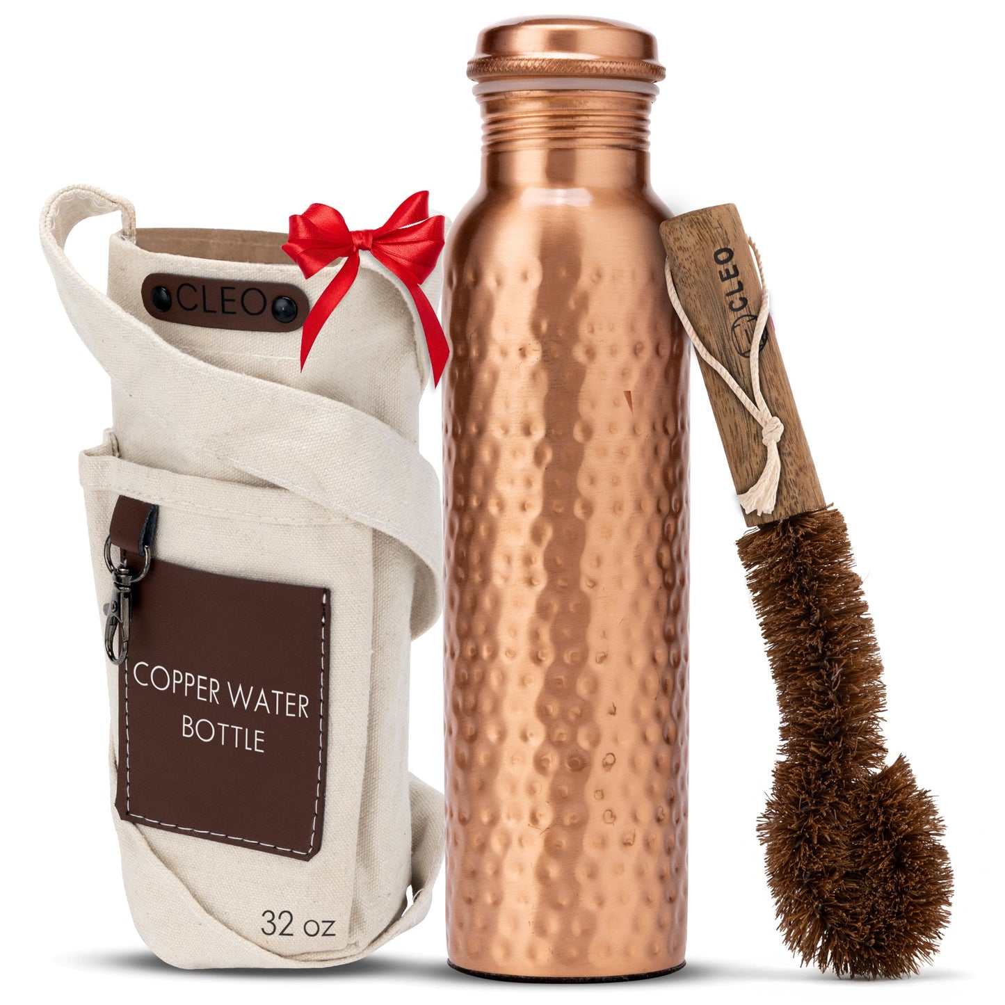 Copper Water Bottle, 950 ML (32.5 Oz) - Hand-crafted Hammered Copper Vessel With Canvas Bag+Sustainable Cleaning Brush - CLEO HOME