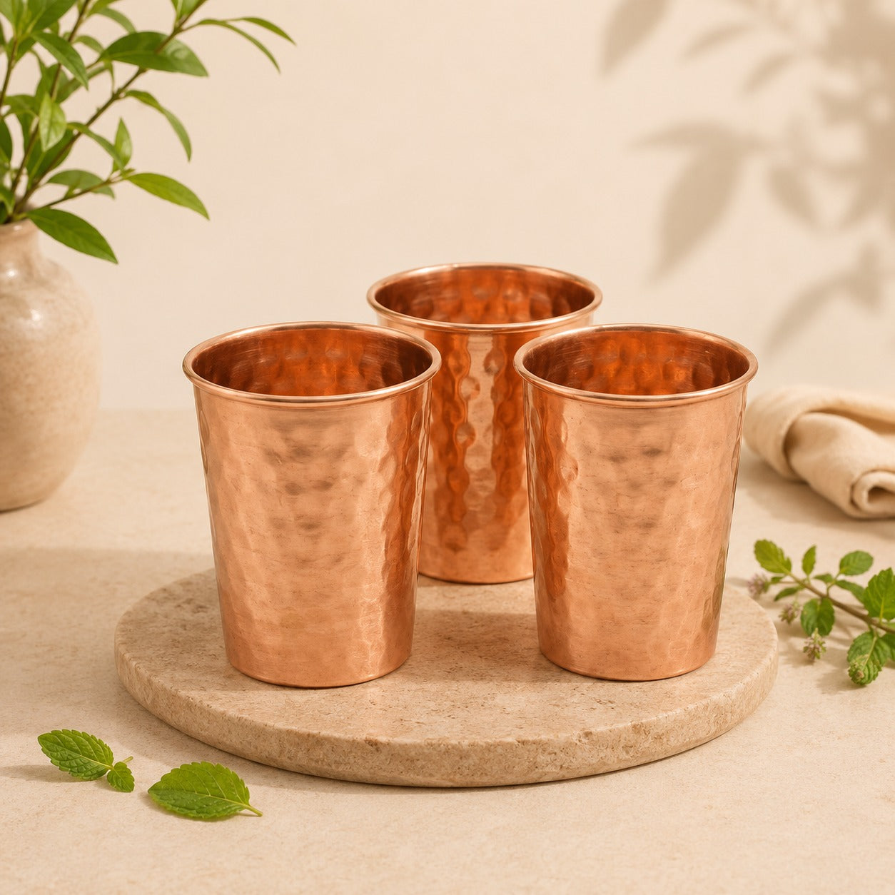 Cleo Copper Hammered Tumbler | Set of 3 | Handcrafted from Pure Copper | 8.8 Oz