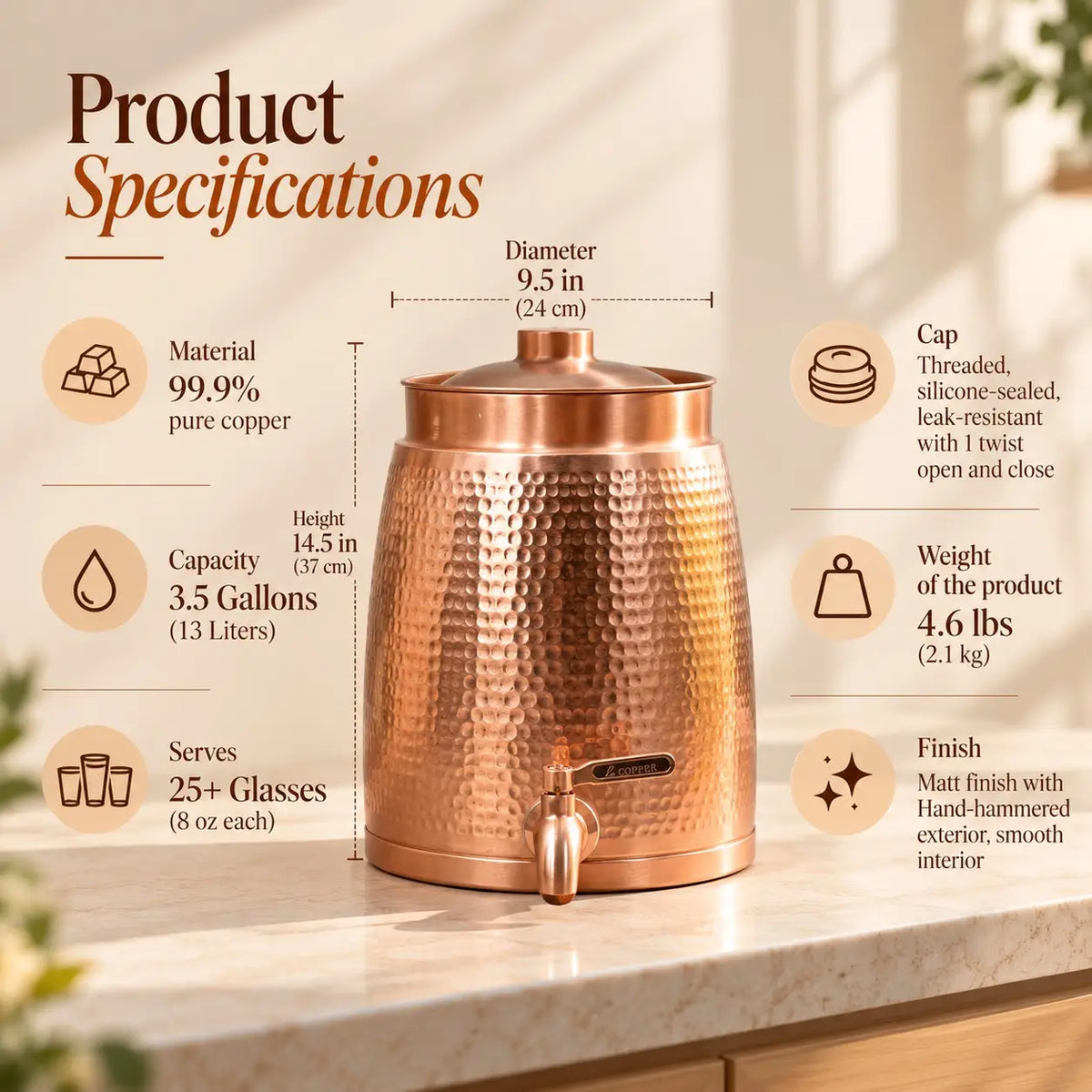 Cleo Copper Water Dispenser with 1 Wooden Stand + 2 Tumblers | Handcrafted from Pure Copper | 271 Oz