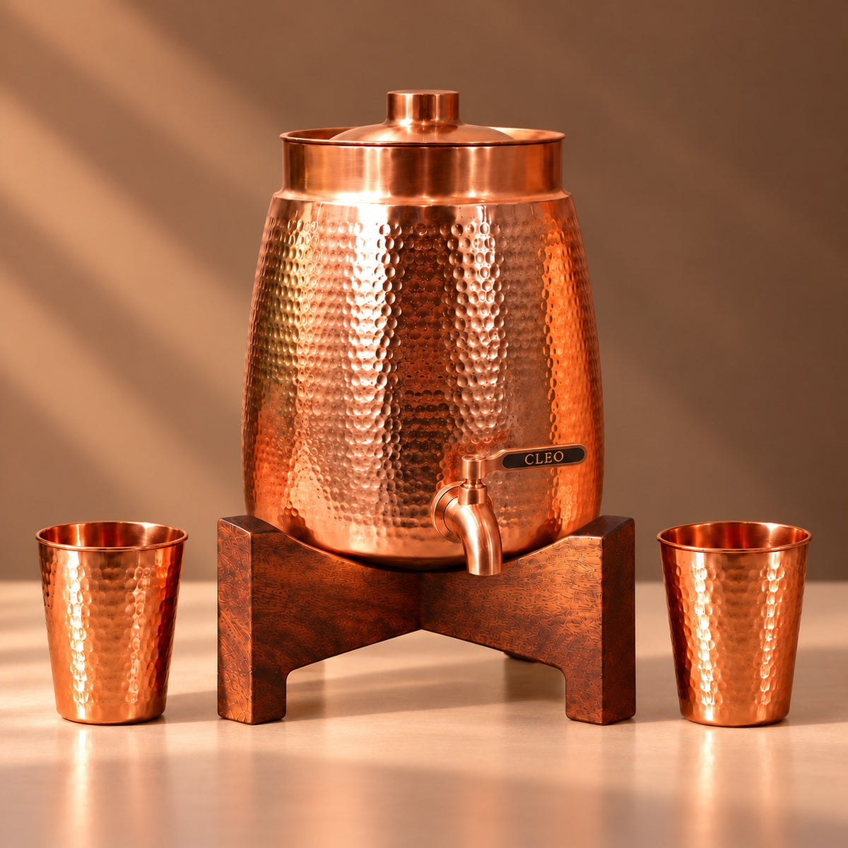 Cleo Copper Water Dispenser with 1 Wooden Stand + 2 Tumblers | Handcrafted from Pure Copper | 271 Oz