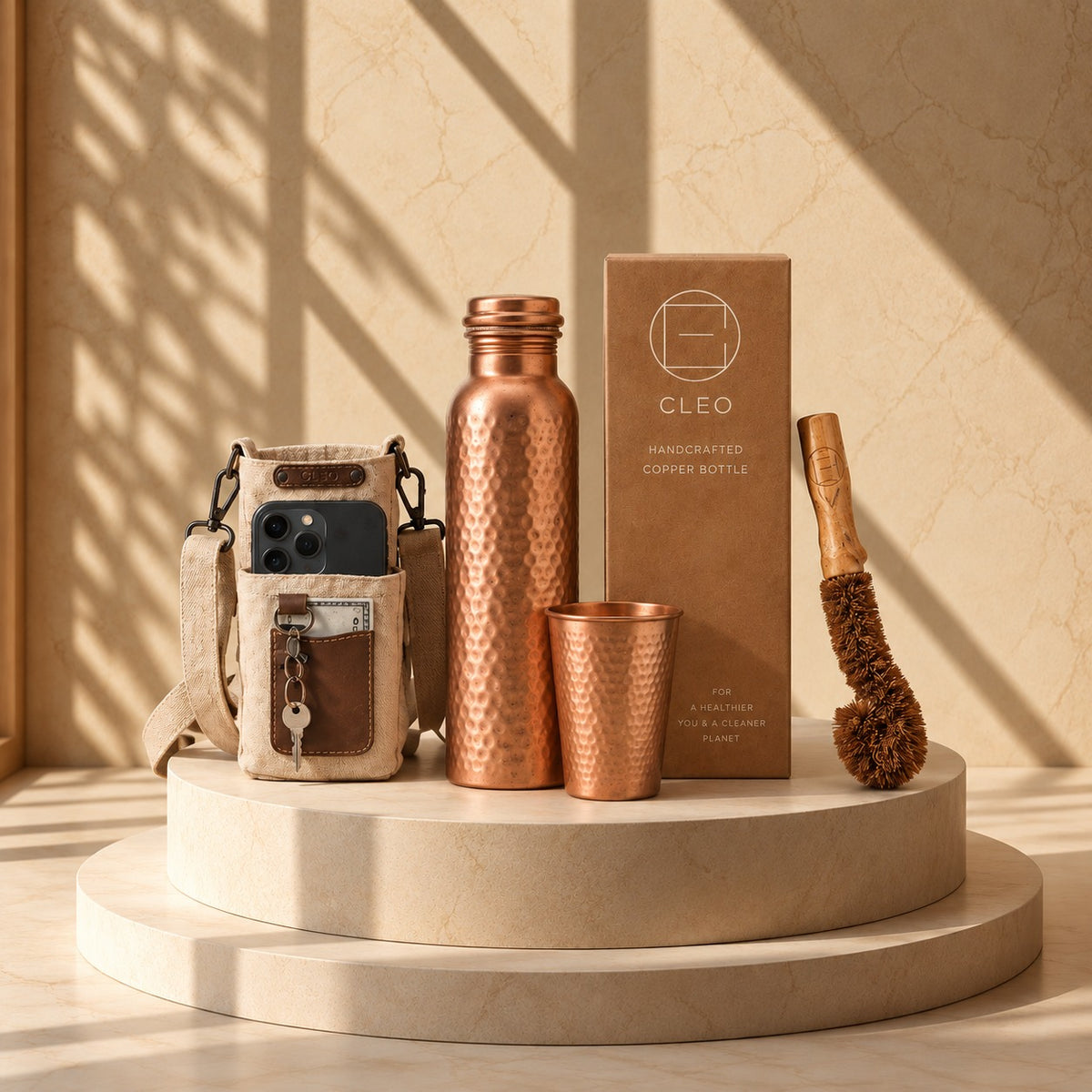 Cleo Pure Copper Ritual Set | Handcrafted Copper Water Bottle and Tumbler | 34 Oz