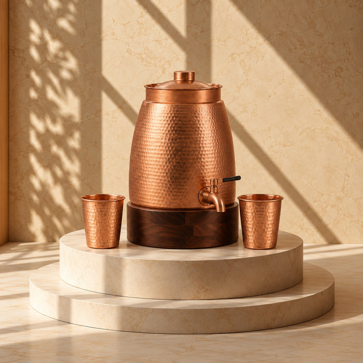 Cleo Copper Water Dispenser with 1 Wooden Stand + 2 Tumblers | Handcrafted from Pure Copper | 271 Oz