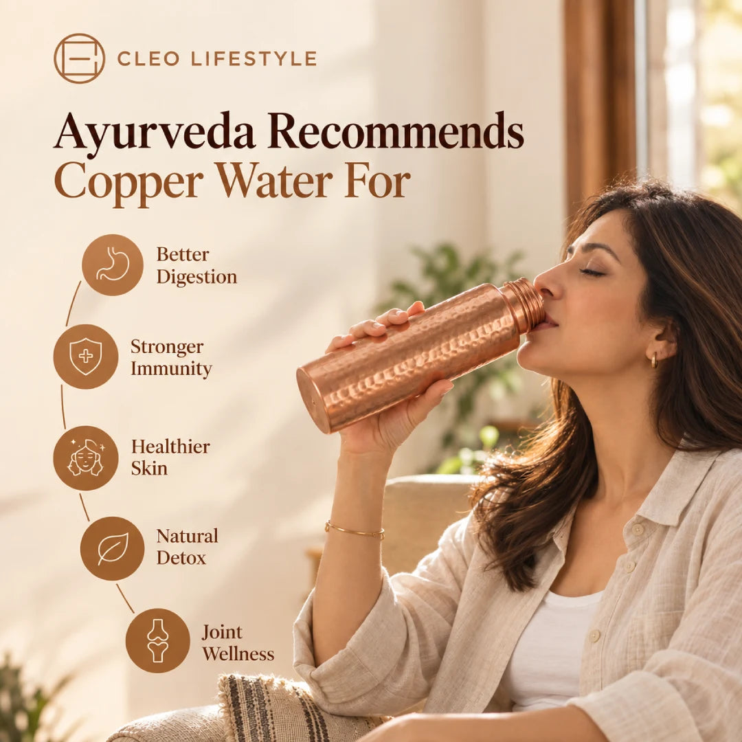 Woman drinking from a CLEO copper water bottle with illustrated Ayurveda-inspired wellness benefits.