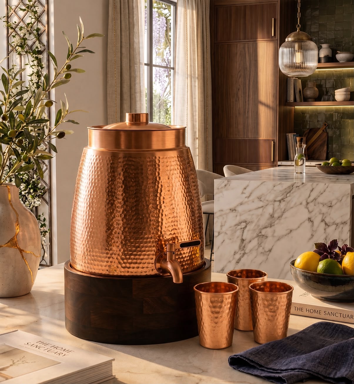 Cleo Copper Water Dispenser with 2 Glasses and 1 Wooden Stand | Handcrafted from Pure Copper | 271 Oz