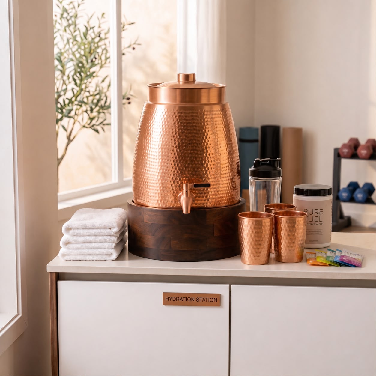Cleo Copper Water Dispenser with 2 Glasses and 1 Wooden Stand | Handcrafted from Pure Copper | 271 Oz