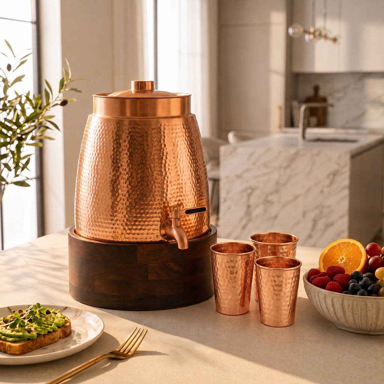 Cleo Copper Water Dispenser with 2 Glasses and 1 Wooden Stand | Handcrafted from Pure Copper | 271 Oz