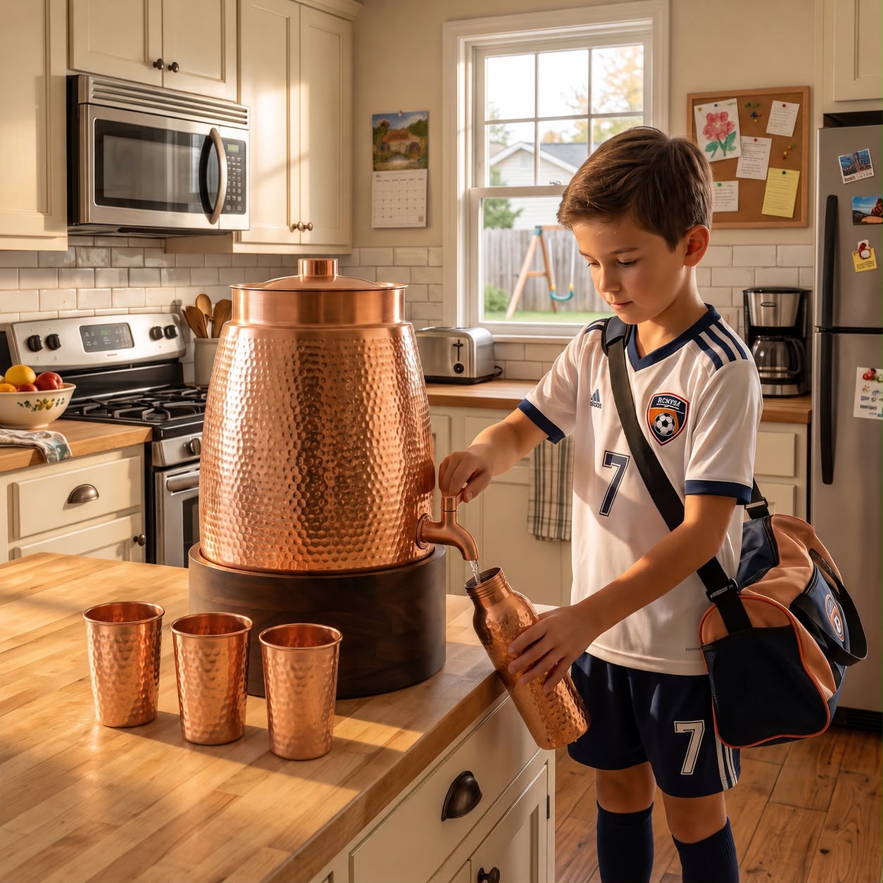 Cleo Copper Water Dispenser with 2 Glasses and 1 Wooden Stand | Handcrafted from Pure Copper | 271 Oz