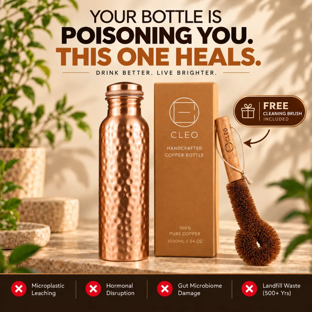 CLEO handcrafted copper water bottle with product box and free cleaning brush on a warm natural background.