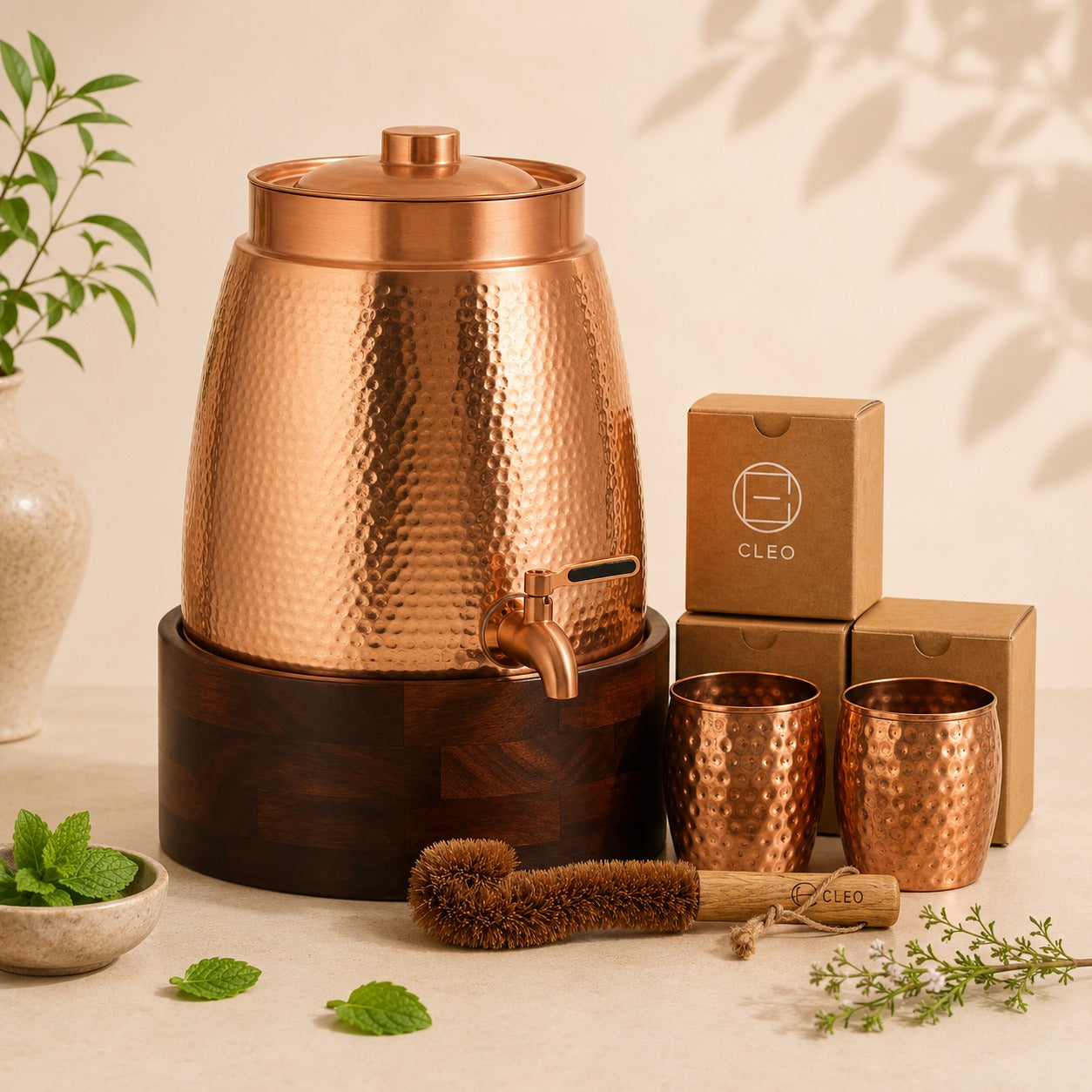 Cleo Copper Water Dispenser with 2 Glasses and 1 Wooden Stand | Handcrafted from Pure Copper | 271 Oz