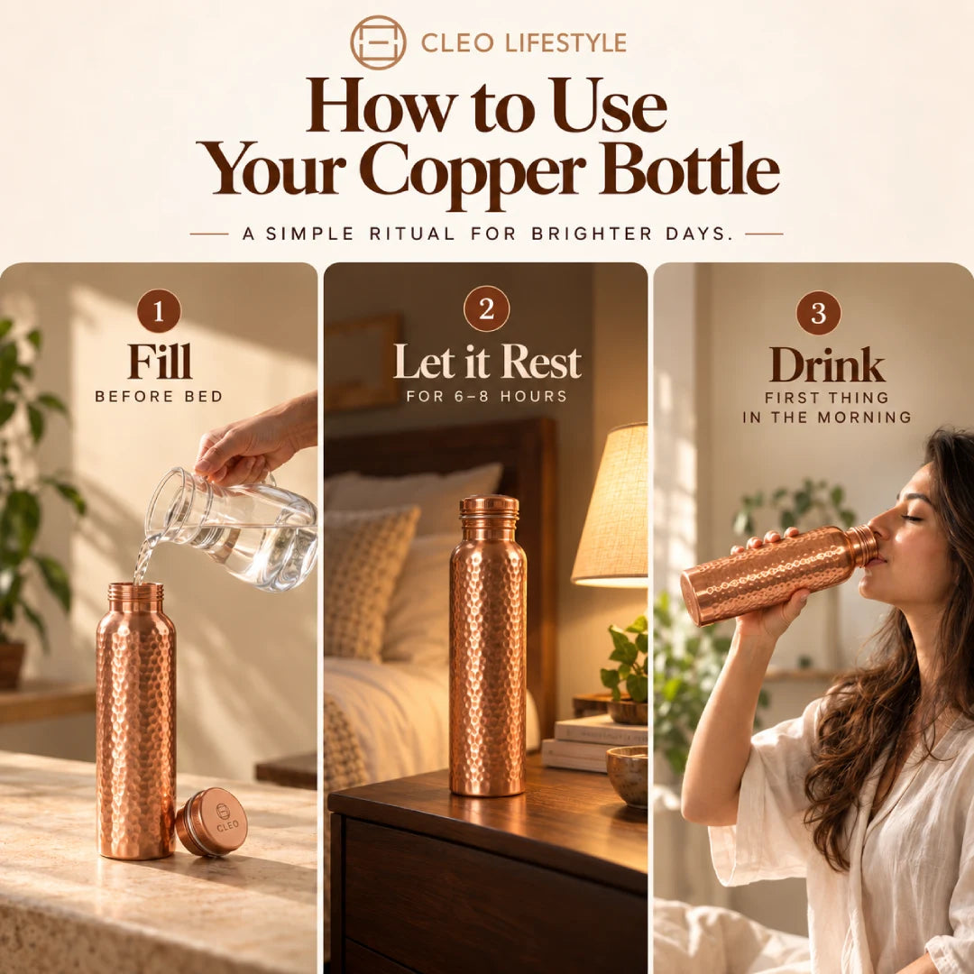 How to use a CLEO copper water bottle: fill before bed, let the water rest for 6–8 hours, and drink in the morning.