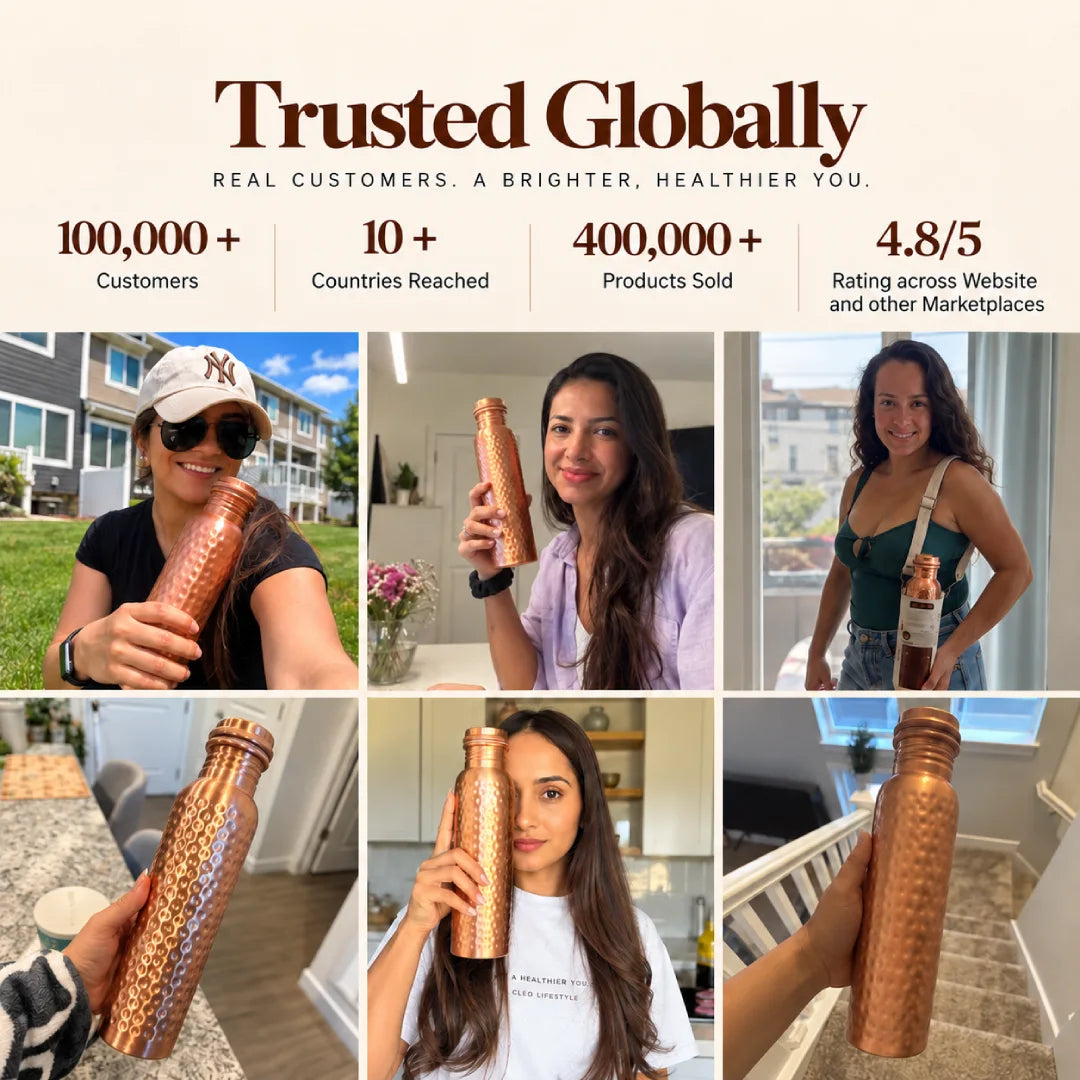 CLEO Lifestyle customer collage featuring real customers holding handcrafted hammered copper water bottles, with global customer and product statistics.