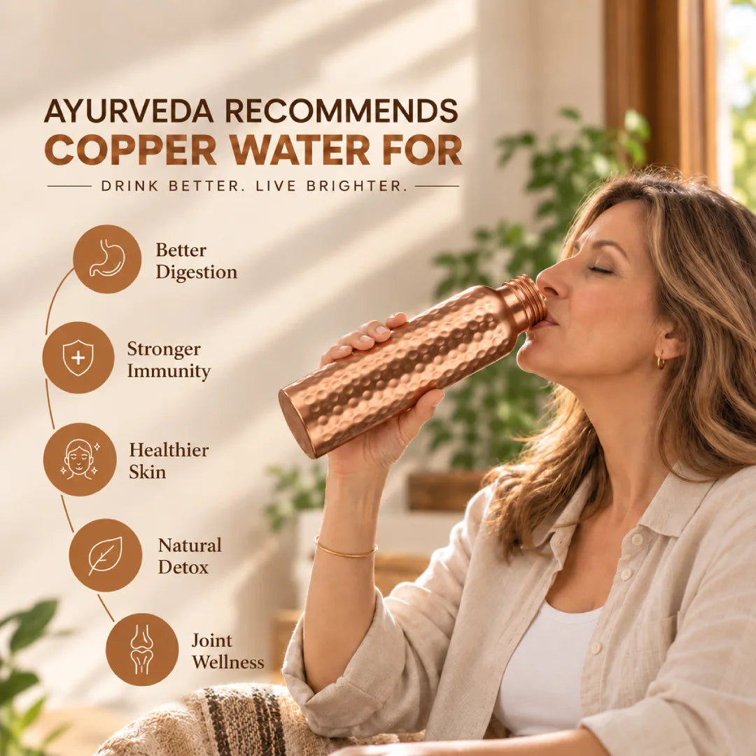 A woman in a home setting drinking from a hammered copper water bottle, with promotional text on the left highlighting health benefits such as better digestion, stronger immunity, healthier skin, natural detox, and joint wellness.